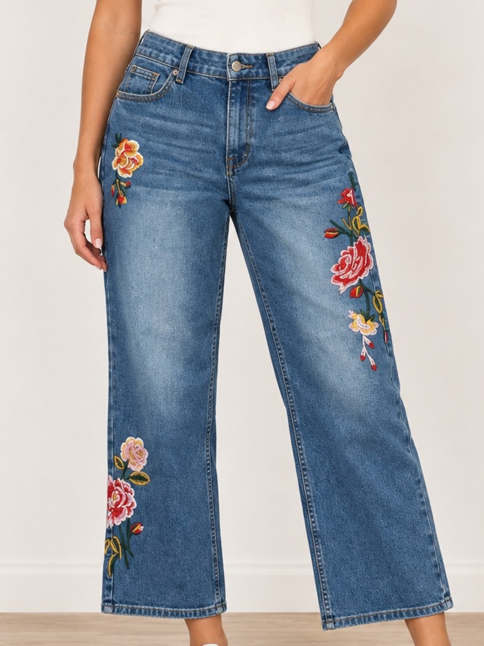 Flamingals Embroidered Wide Leg Cropped Jeans Floral Stretch Denim 2XL NWT